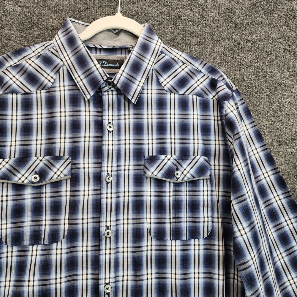 7 Diamonds Mens Blue Plaid Western Cotton Button Up Shirt XL Cowboy Workwear Fit